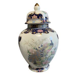 Toyo Peacock Ginger Jar With Lid Cobalt Blue & Gold Floral Design Porcelain 8"